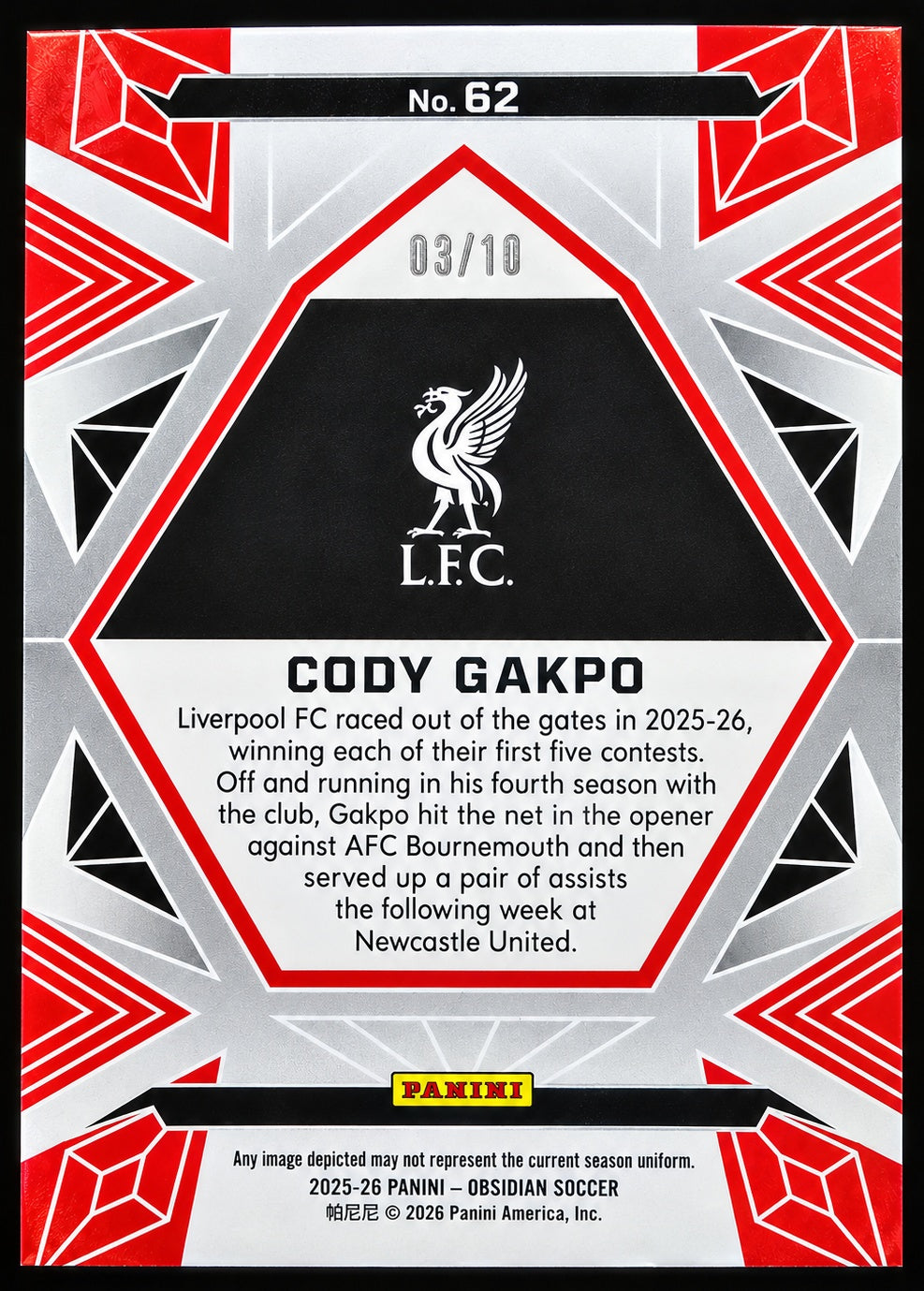 Cody Gakpo 62 Panini Obsidian Soccer card back 03/10