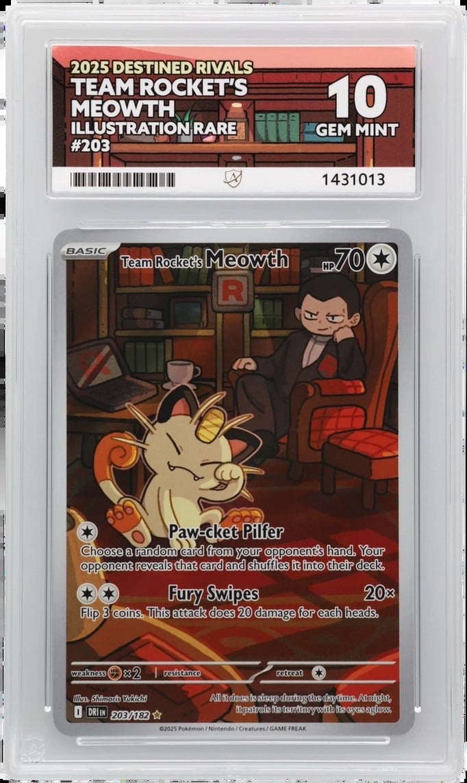 Team Rocket's Meowth 203 2025 Destined Rivals Illustration Rare ACE 10 | Gem Mint