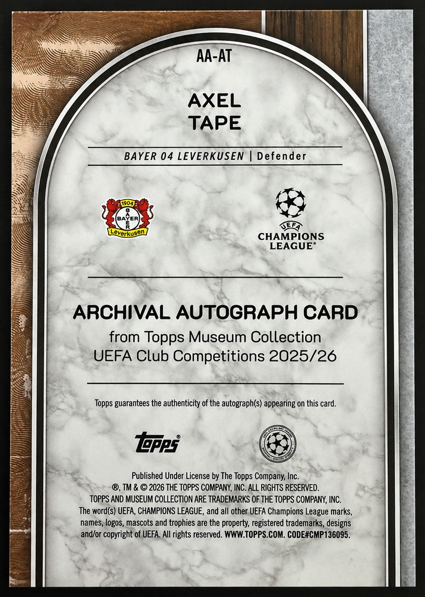 Axel Tape AA-AT Topps Museum Collection Archival Autograph card back
