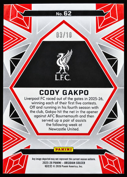 Cody Gakpo 62 Panini Obsidian Soccer card back 03/10