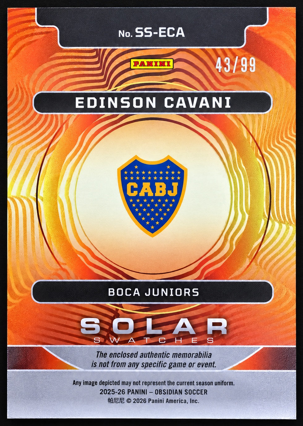 Edinson Cavani SS-ECA Panini Obsidian Soccer Solar Swatches card back 43/99