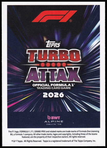 Franco Colapinto 89 2026 Topps Formula 1 Turbo Attax Power in Numbers | Near Mint back