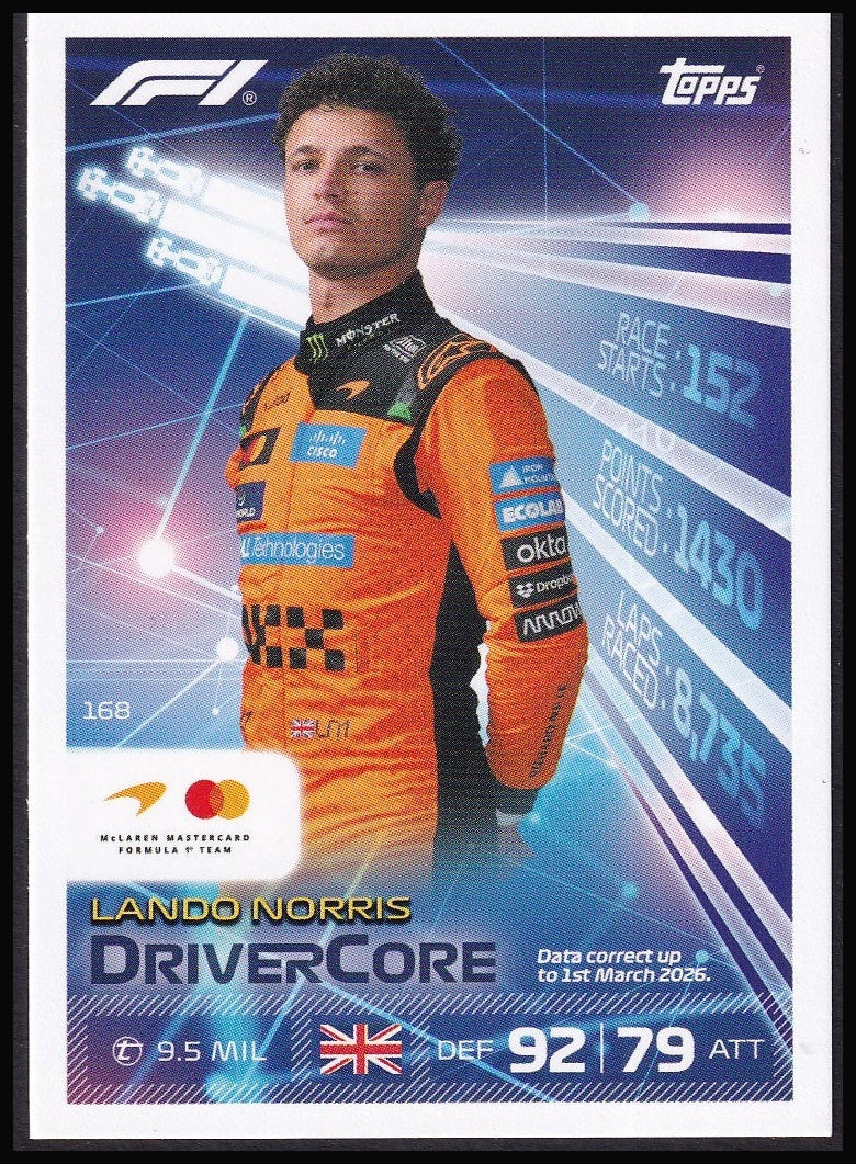 Lando Norris 168 2026 Topps Formula 1 Turbo Attax Drivercore | Near Mint front