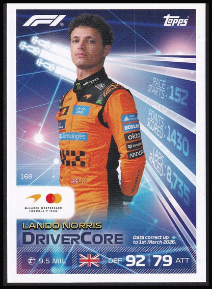 Lando Norris 168 2026 Topps Formula 1 Turbo Attax Drivercore | Near Mint front