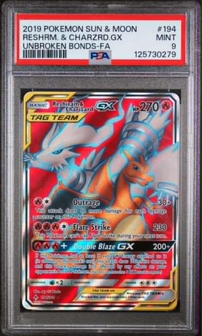 Reshiram & Charizard GX 194/214 Unbroken Bonds PSA 9 Mint front slab