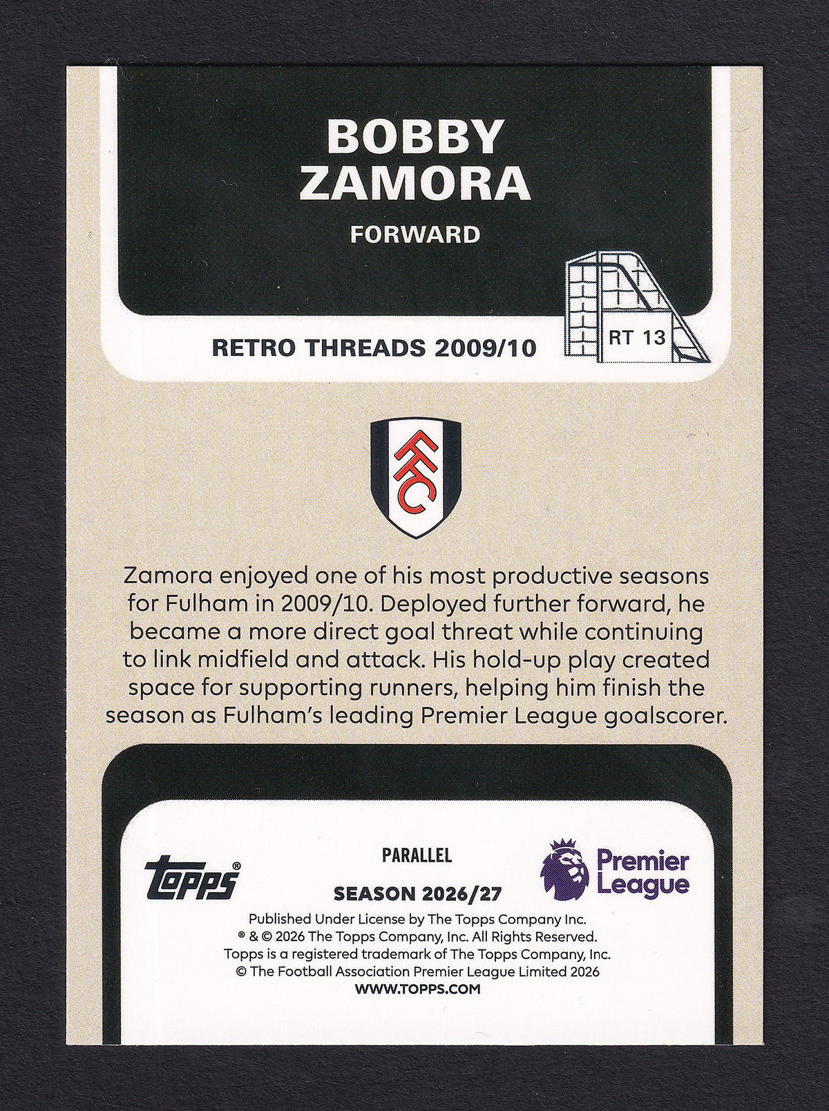 Bobby Zamora RT 13 Retro Threads Black & White Parallel 41/75 card back